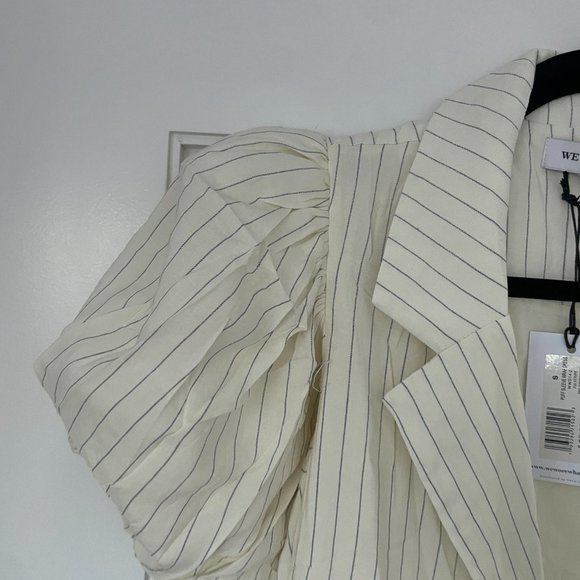 Weworewhat Collared Wrap Dress Ivory Short Puff Sleeve Pin Stripe Ruffle Hem - Picture 5 of 11